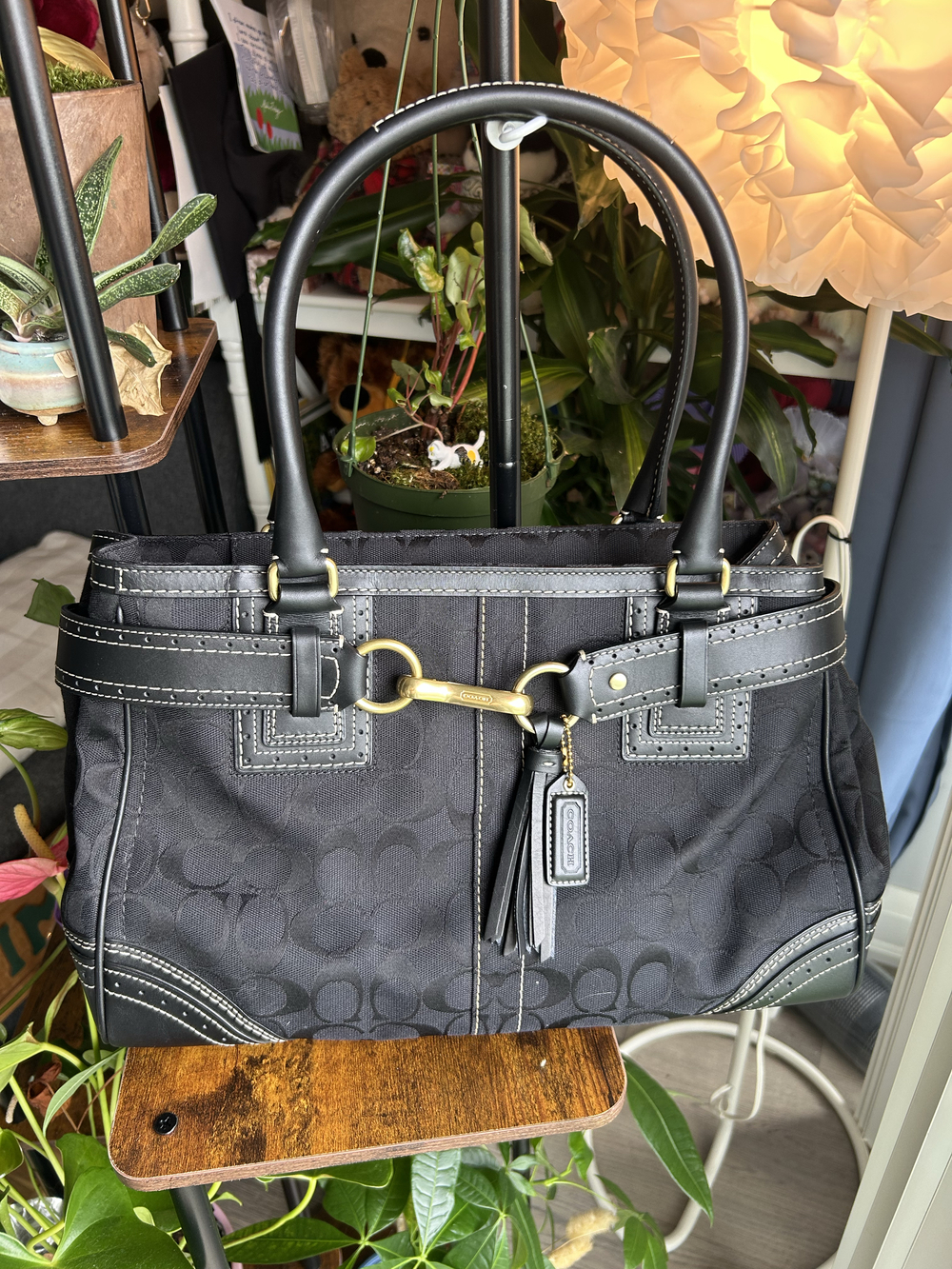 Vintage coach signature jacquard horsebit tote bag black canvas & leather trim 8